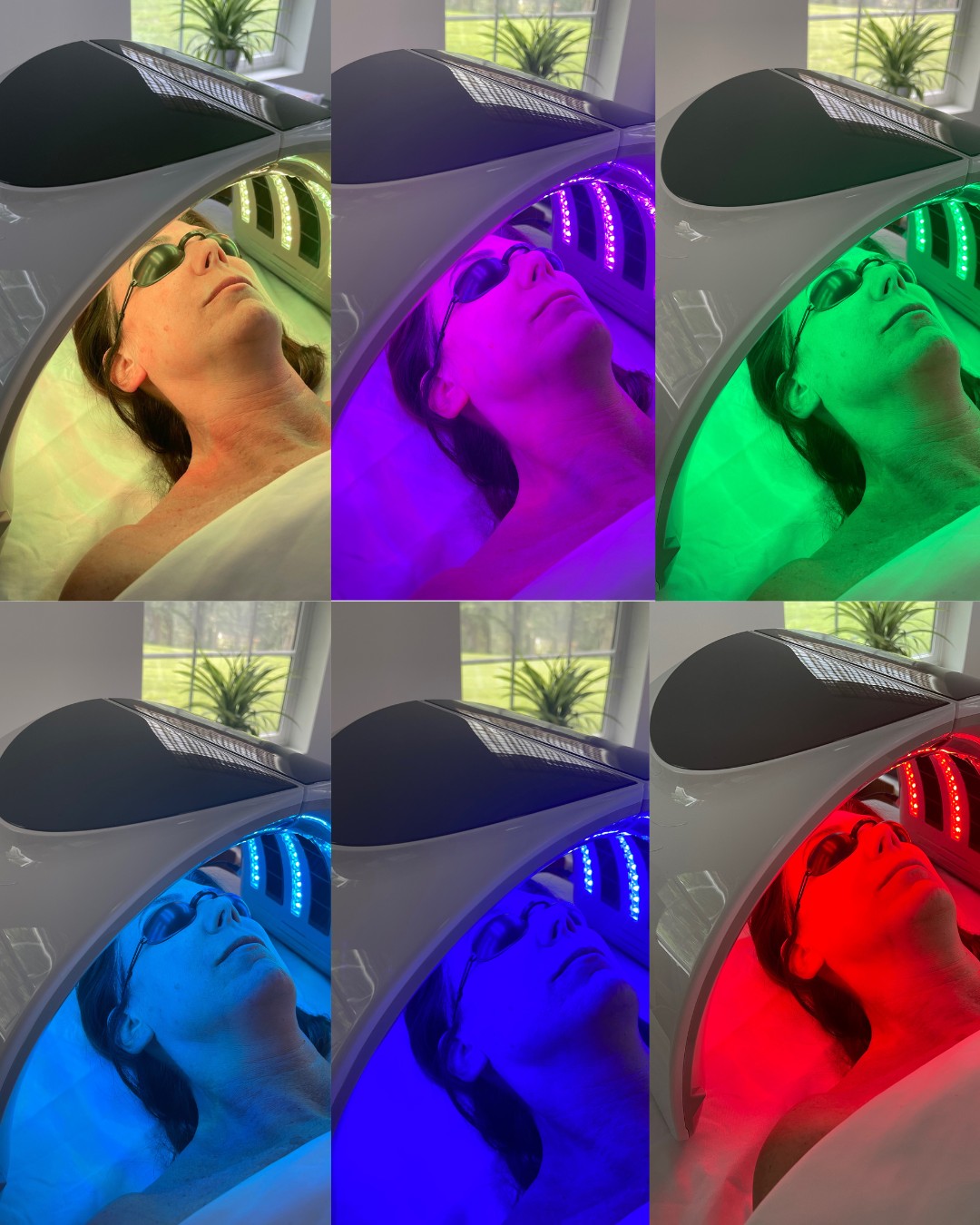 A collage showing different LED light settings during cosmetic treatments